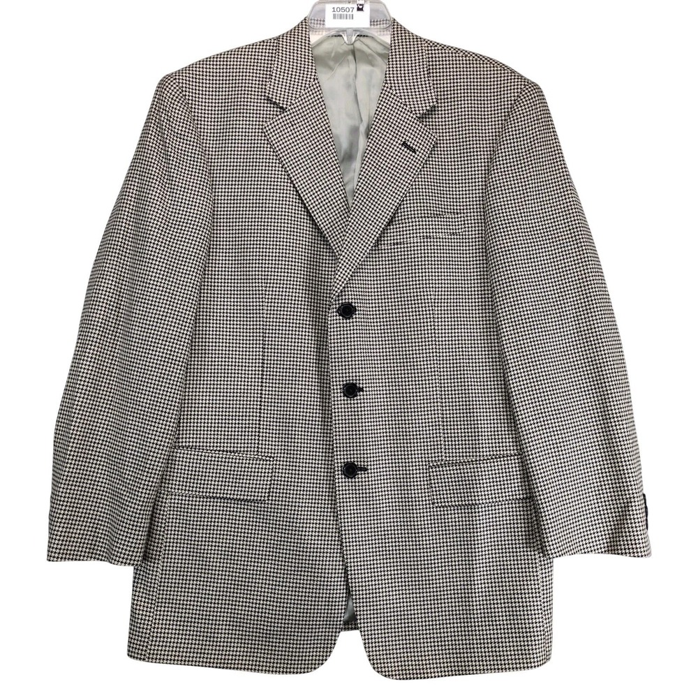 Vintage 90s Tallia Uomo Black Houndstooth Sport Coat Mens 40R Silk Wool Made USA